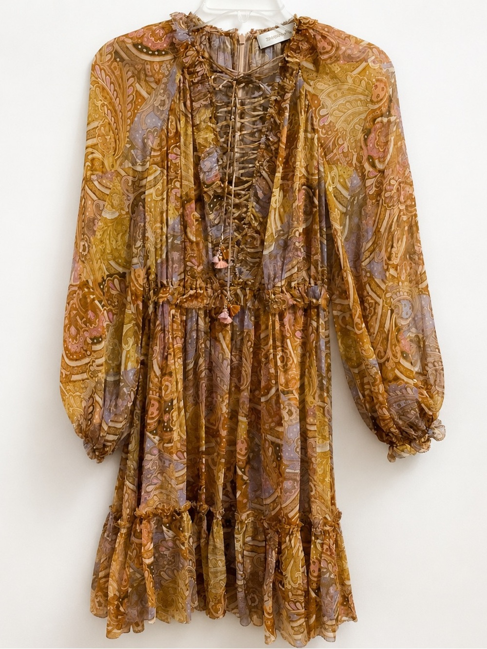 Zimmermann Mustard Paisley Lace-Up Ruffle Mini Dress Size 0 (0254) - Picture 3 of 16